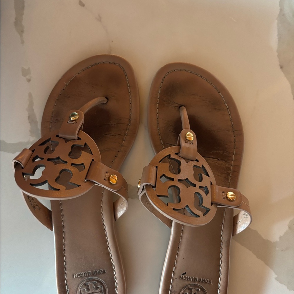 Tory Burch Brown Leather Sandals with Medallion Design